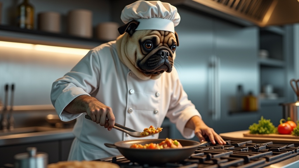 A professional chef with a realistic pug dog head in a modern kitchen, wearing a white chef's coat a...