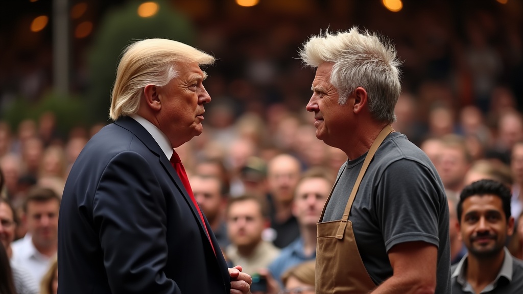 Donald Trump is standing face to face with Gordon Ramsay for a cooking competition, crowd in the bac...