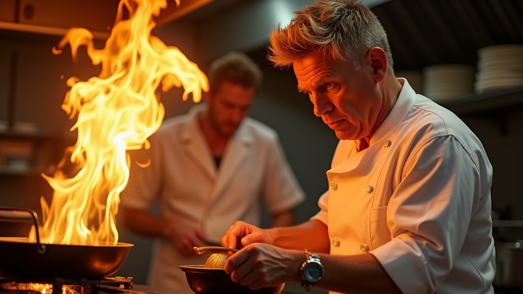 Gordon Ramsay is cooking in Hell's Kitchen, fire in the pan, scared