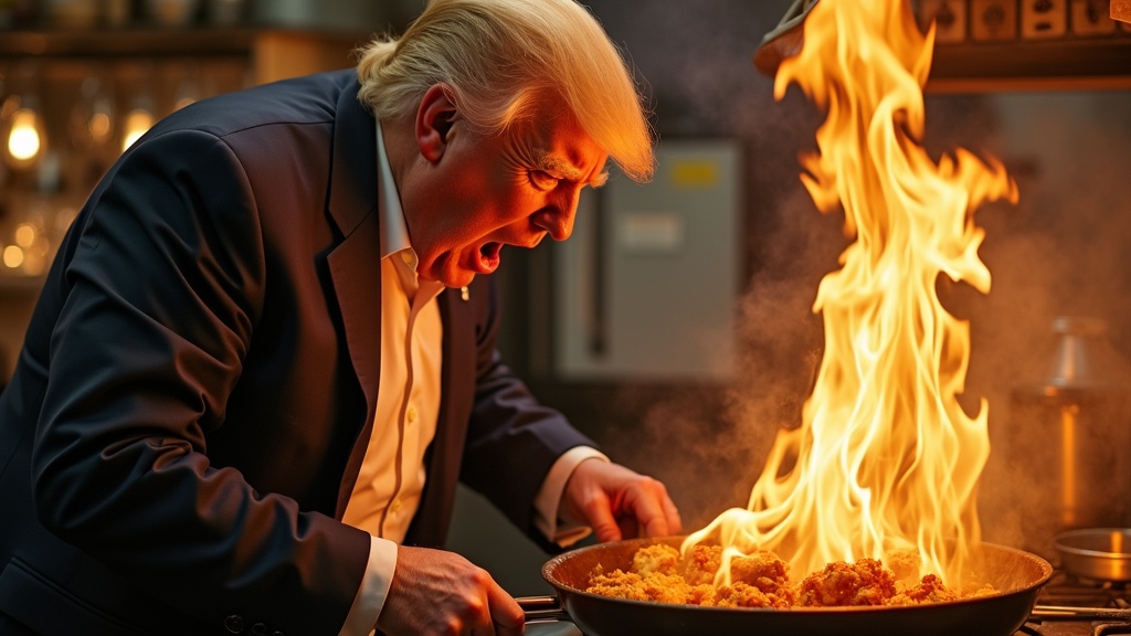 Donald Trump very angry screaming cooking in Hell's Kitchen, fire and fried frogs in pan