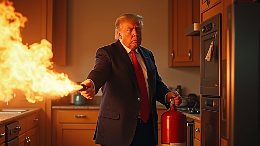 Donald Trump is extremely angry trying to extinguish the fire in the kitchen with a fire extinguishe...