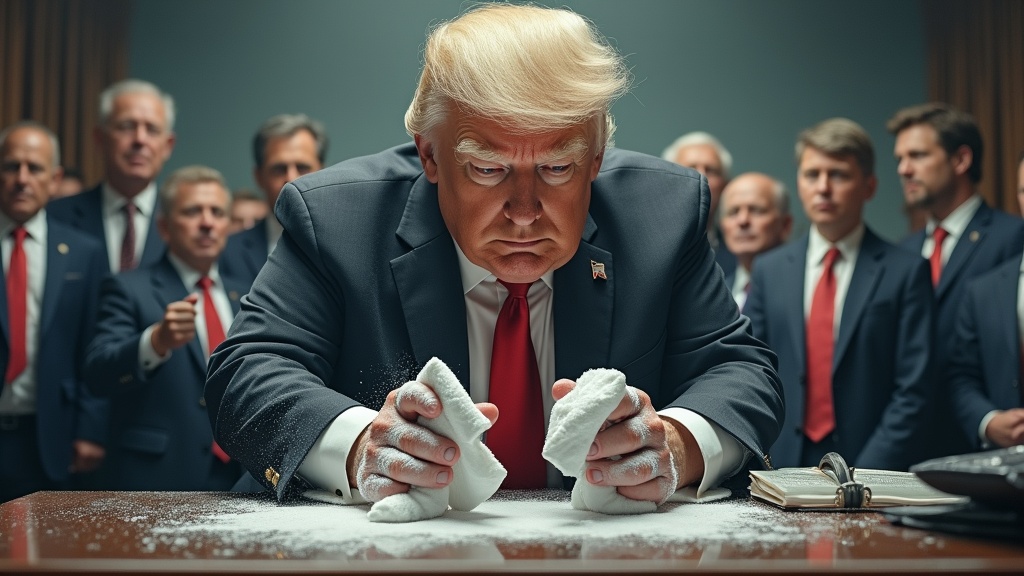 Trumps big head is cleaned by many workers with wipes