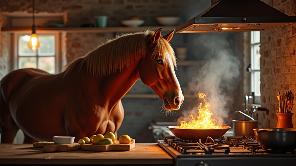 horse is cooking in the kitchen