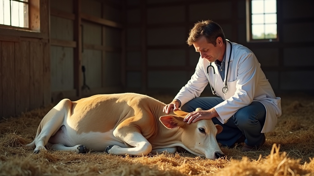 A rural farm setting in the early morning light. A sick cow is lying on a bed of hay inside a modest...