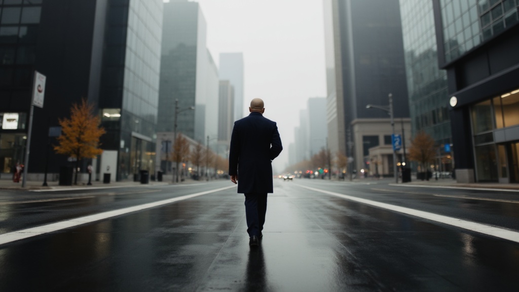 a cinematic shot of a man walking through a futuristic city