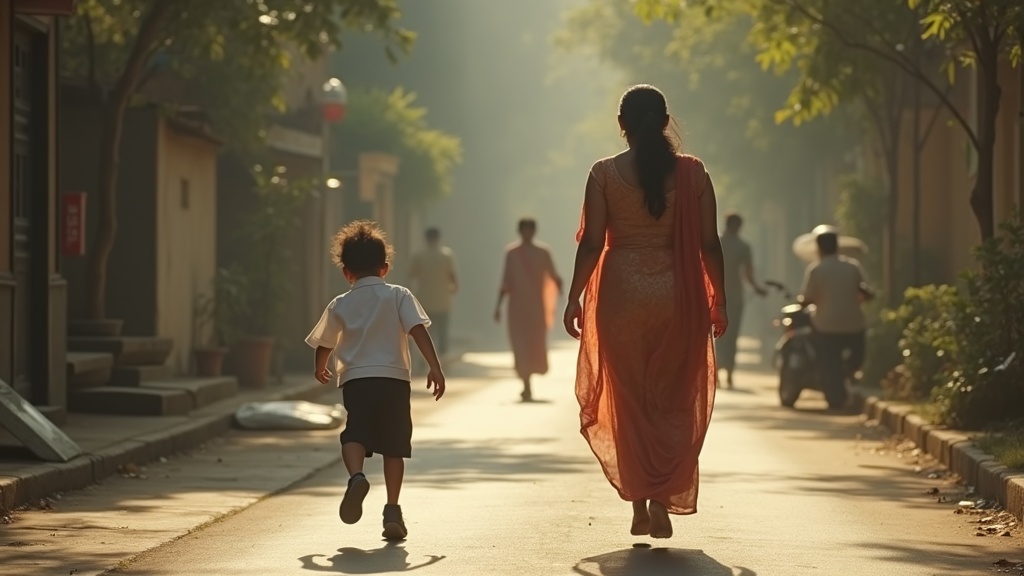 A cinematic shot of a women in Dhaka rich area taking her child home playfully, the kid is running s...