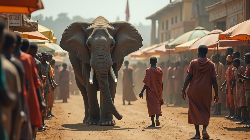 People are haggling at the market, trying to knock off the price when elephants are walking past the...