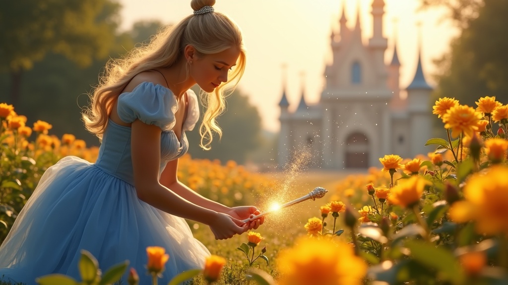 A sunny royal garden filled with golden roses, a sparkling castle in the background. Cinderella, wea...