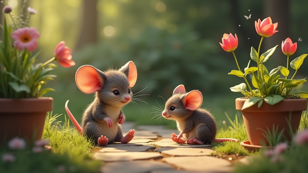 A cozy garden scene with a sad little mouse, Gus, sitting near a flower pot. Cinderella, cheerful an...