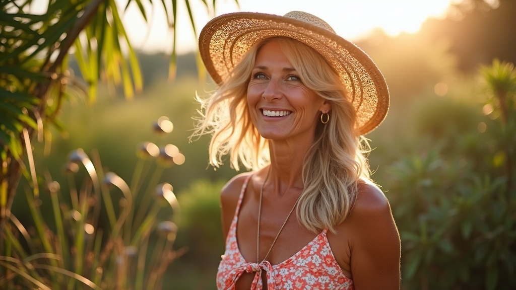 smiling woman, older but sultry. gorgeous. sunny rattan garden, wind and rays