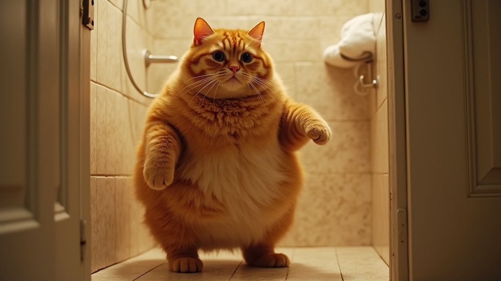 fat orange cat is going to shower and dancing