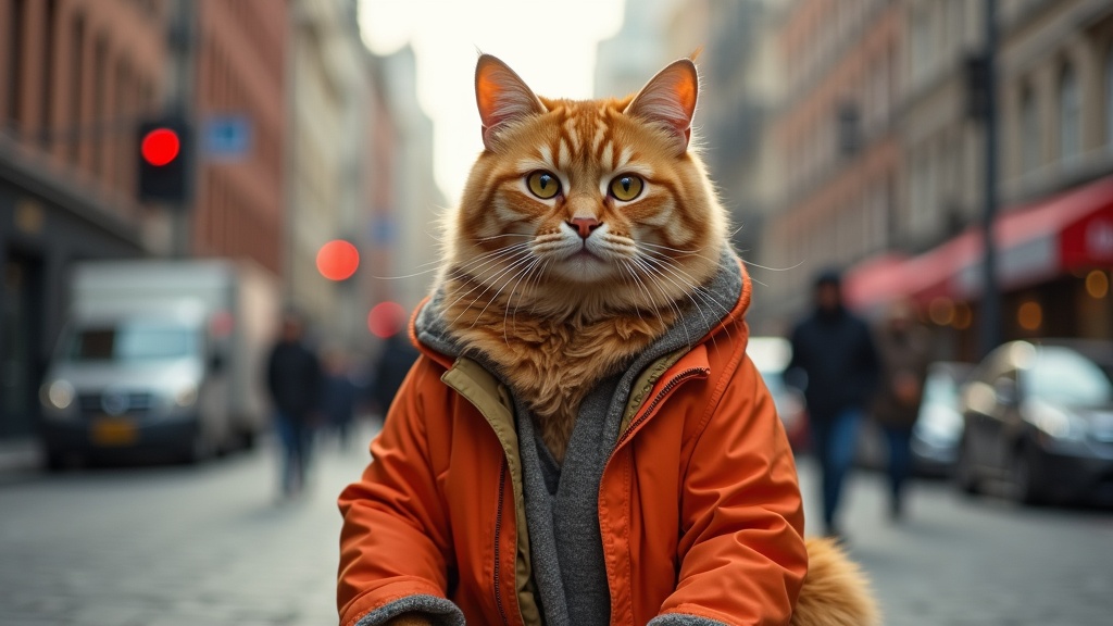 fat orange cat is sit in the city with costume