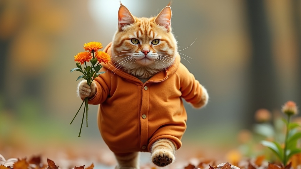 fat orange cat with costume is walking with flowers in the hand